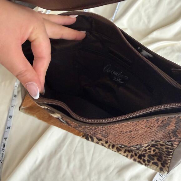 Vtg Y2K 2000s Brown Genuine Leather Animal Print Shoulder Purse - Picture 2 of 11